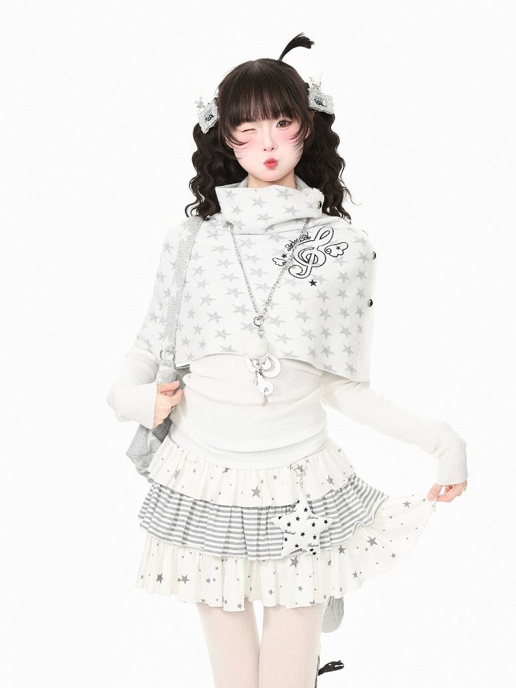 White Kawaii Fall Two Piece Cape Music Note Star Print Top - Languid Park