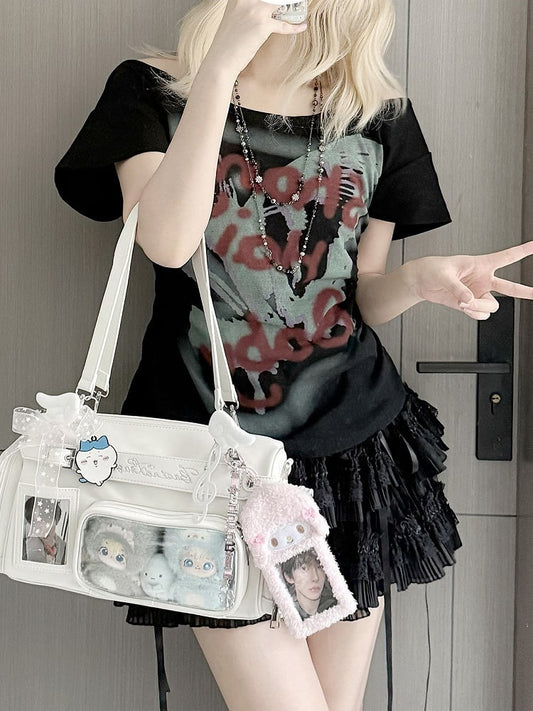 PU White Letter Window Embroidery with Display Ita Bag