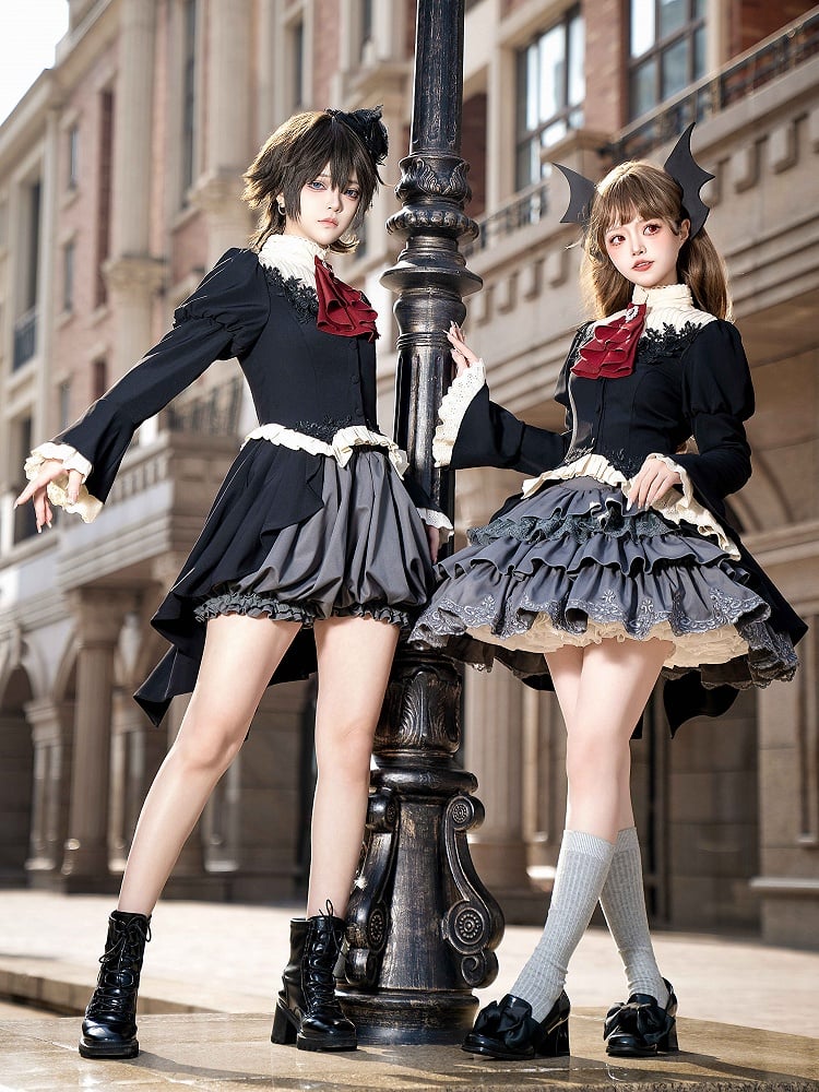 Gothic Lolita Full Set - Black Swallow Tail Long-Sleeve Top + Gray Tiered Skirt + Red Jabot Brooch