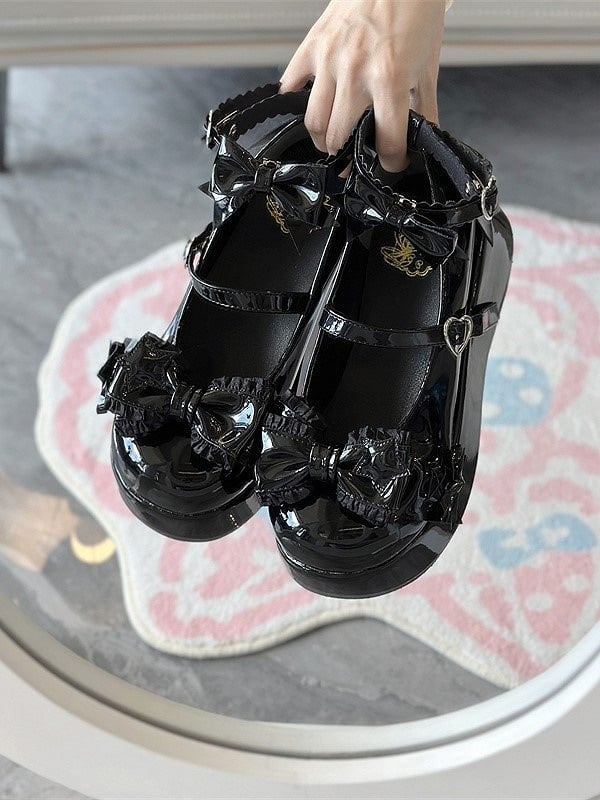 Round-Toe Platform Shoes PU Details with Black Sweet Snap Heart-Shaped Lolita Bowknot