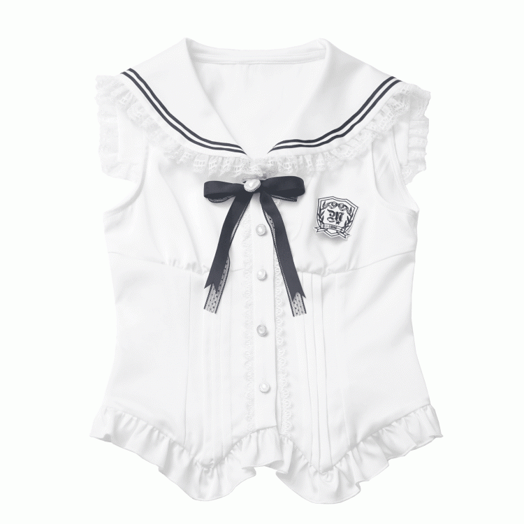 バッジホワイトセーラーカラーカーブヘムノースリーブトップスと取り外し可能な蝶結び付き