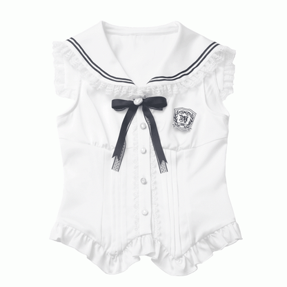 バッジホワイトセーラーカラーカーブヘムノースリーブトップスと取り外し可能な蝶結び付き