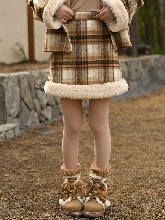 Brown High Waist Plaid Skirt Plush Trim