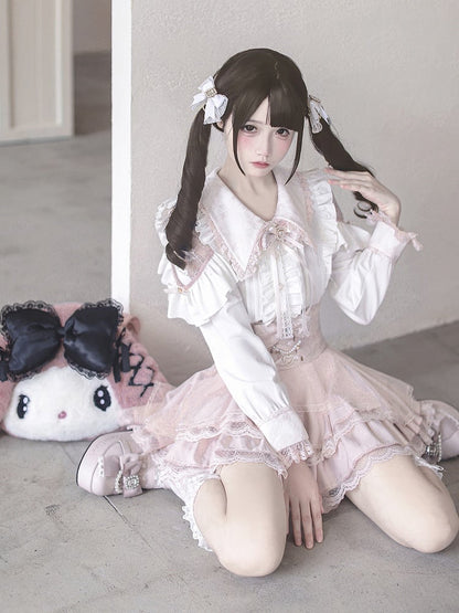 Jirai Cutouts Delicate with Blouse and Kei Sweetness White Pink Lace Flat Collar Pointed