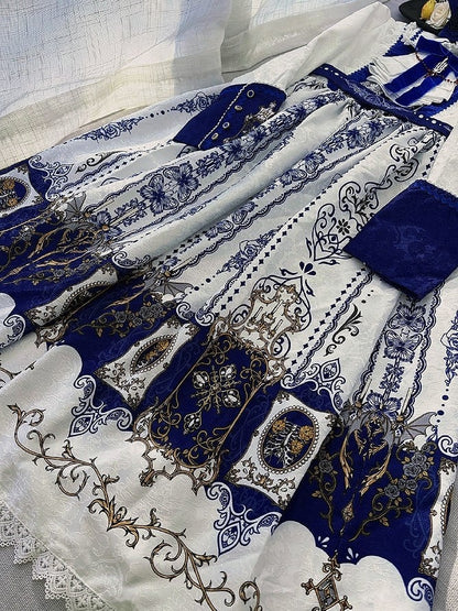 Candelabras with Long Print Dress Lolita White Blue Bat Dark Wings Sleeves Gothic
