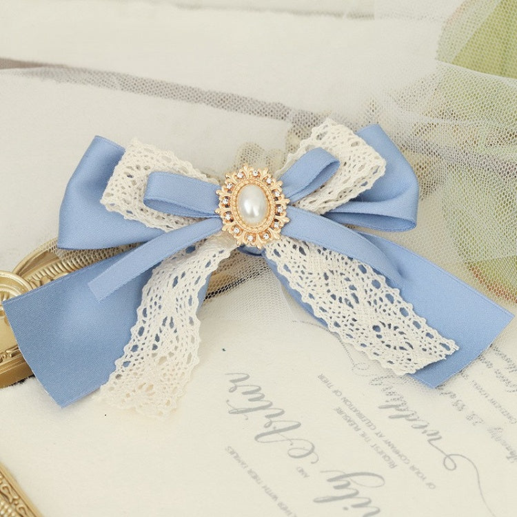 Hairclip Rhinestone Beige Pearl Lolita Lace Blue Bowknot