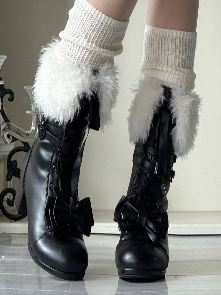 Boots Clasp - Mid-heel Top with at Sophisticated Lolita Multi-Closure Romantic Bow Black