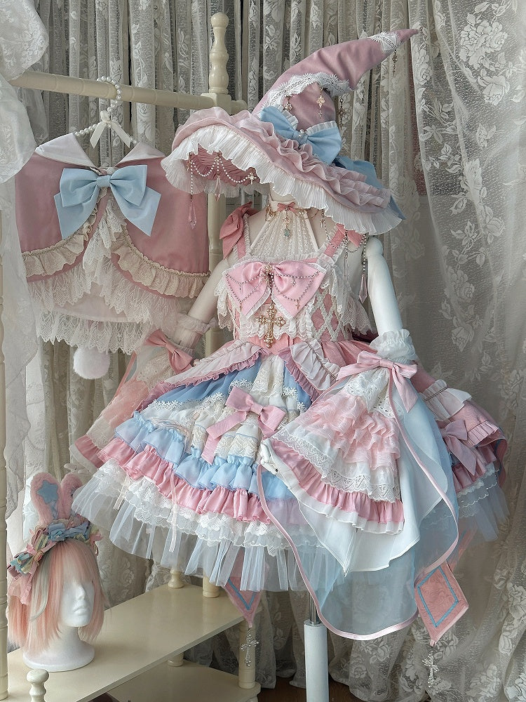Rosa und Blau High Waist Süßes Hexenkleid Lolita Pulloverrock Komplettset