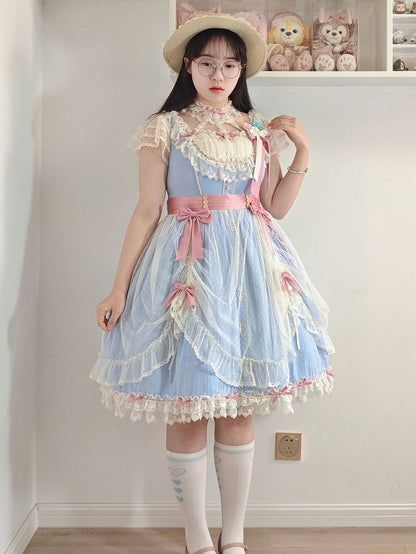 Short Elegant Lace Dress and Blue with Details Classic Lolita Version Bow