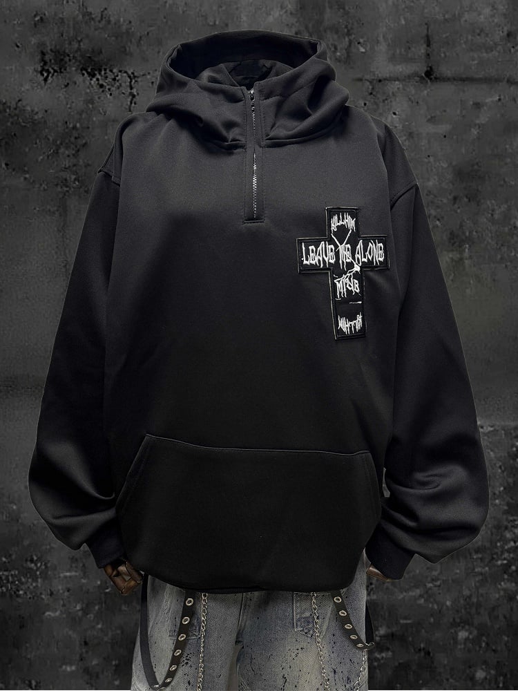 Partial Zip with Black Hoodie Placket Embroidery Applique Cross and Y2K