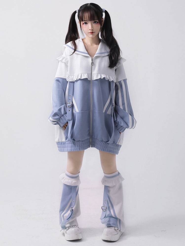 WhiteBlue Sweatshrit Jirai Collar Kei Zip Sailor Closure Jacket