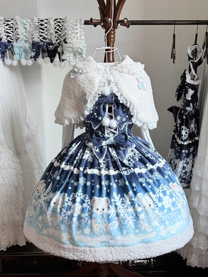 Sweet Winter Lolita Snowy Teddy Print Dark Blue-Light Blue Gradient Lolita JSK Full Set