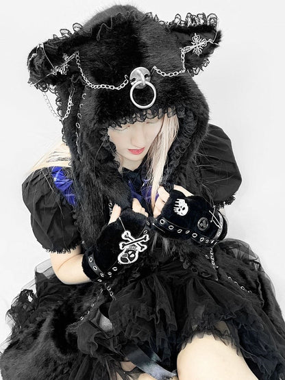 Ear Scarf Plush Cat with Hat Gothic Punk Details Metal