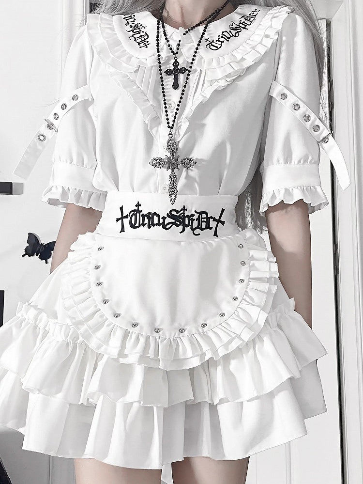 Straps Peter Pan White CollarBuckle Blousewith Sleeve Short Gothic Ruffled