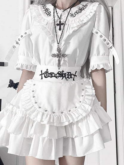 Straps Peter Pan White CollarBuckle Blousewith Sleeve Short Gothic Ruffled