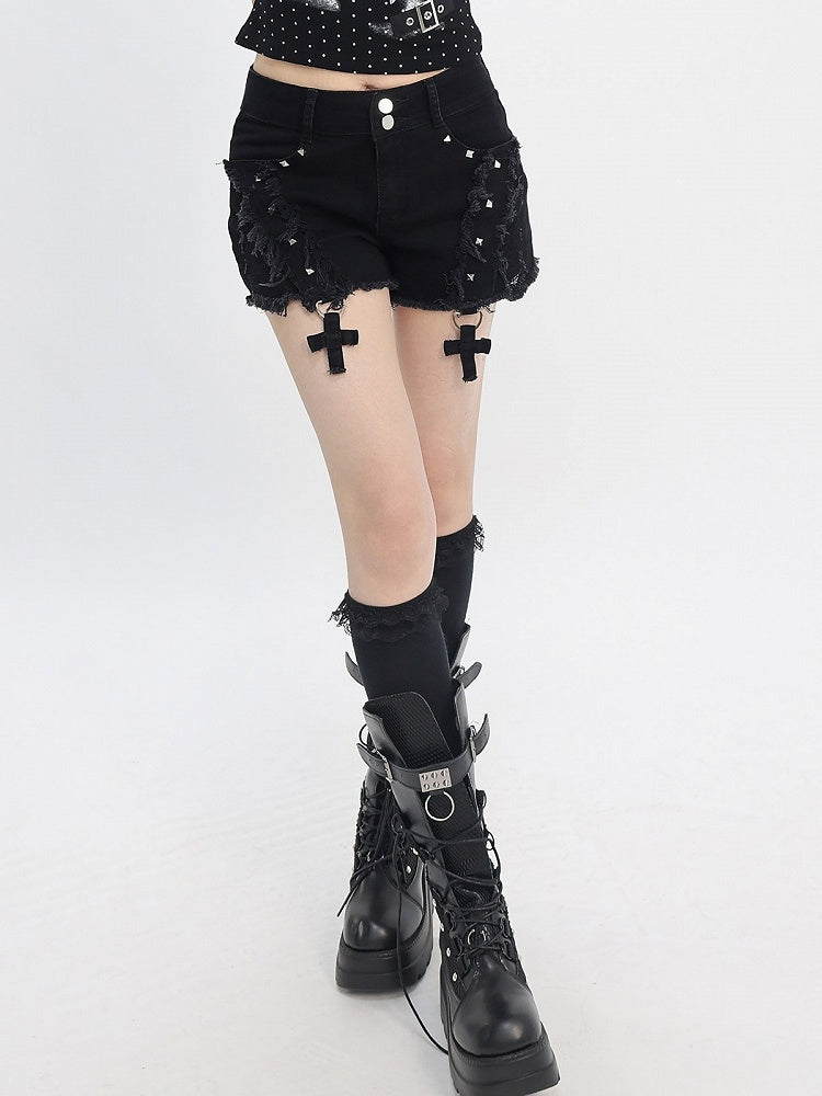 Sweet Kawaii Black Distressed Shorts with Rivet and Cross Decor - Catwish
