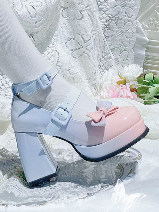 Pink-blue Gradient Detachable Bow Platform High Block Heels Lolita Shoes