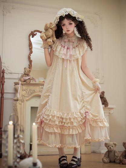 Beige Rosette Jacquard OP Dress with Ruffles - With PUJI