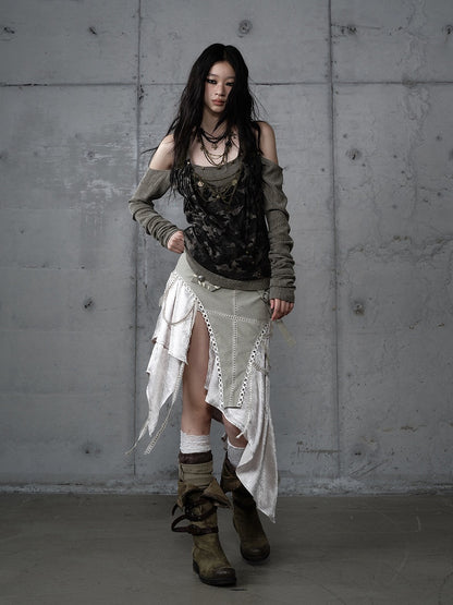 Studded Design Camo Accents Green Vintage Knit Cold-Shoulder Punk with Top