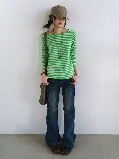 Green Striped Wide Round Neck Long Sleeve T-shirt with Key and Iron Gate Print - innomoood
