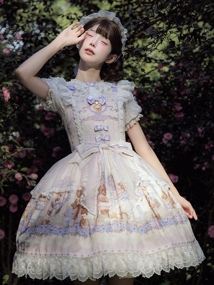 Cute Bear & Flower Pattern Sweet Purple Lolita JSK Gown - Stars Fall on the Foggy Island