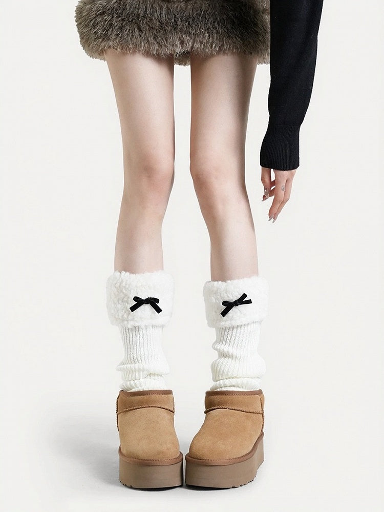 Four Colors Knit Plush Trim Leg Warmers with Bow - ModaSwings