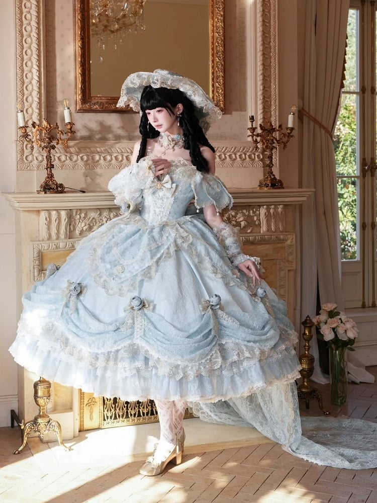 Version Light Hime Off-Shoulder Lace and with Details Gown Layered Blue Lolita Hanayome Bow Short Ruffles