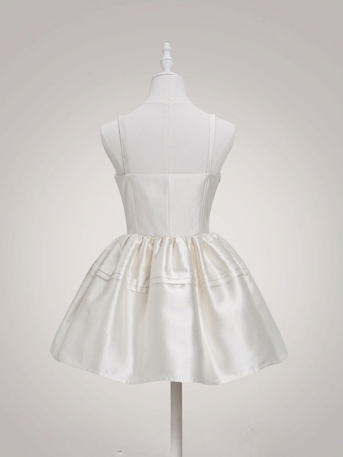 and Waist Basque Sweet Lolita Details Dress with Lace Layered White Bow