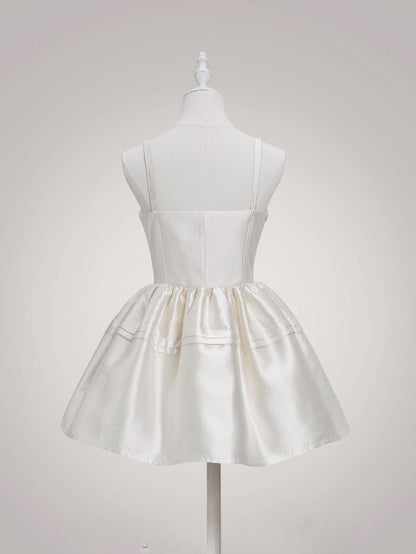 and Waist Basque Sweet Lolita Details Dress with Lace Layered White Bow