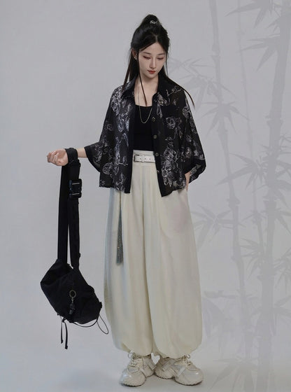 Black Ink Wash Floral Short Sleeve Tencel Shirt and Camisole Set - Feng Hua Gui Guo Ling