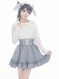 Long Lace Blouse: White with Detailed Jirai Beadwork Square Sleeves Kei Collar