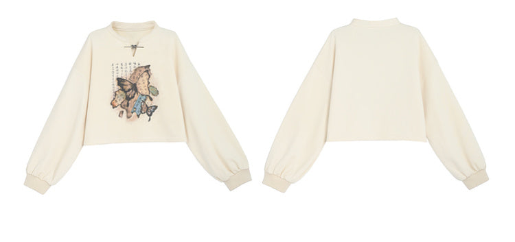 Gebänderter Sweatshirtkragen Schmetterlingsstil Cheongsam-Druck Schwarz/Apricot