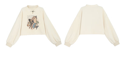 バンド付きスウェットシャツカラー バタフライスタイル チャイナドレスプリント ブラック/アプリコット