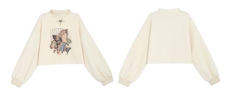Banded Butterfly Print Sweatshirt Collar Style Cheongsam Black/Apricot