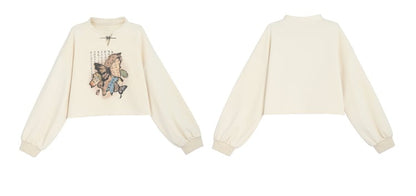 Banded Butterfly Print Sweatshirt Collar Style Cheongsam Black/Apricot