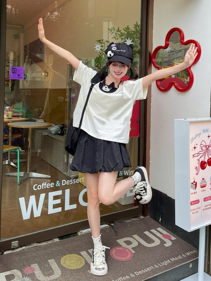 ブラック 伸縮性ウエスト キティ バブルスカート プリント