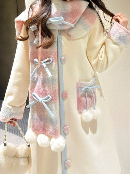 Sweet Plaid with Pom-Pom Scarf Set and + Coat Creamy Winter Lolita Accents White Bow