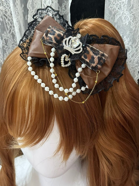 Strass Haarspange Perlen Spitze Muster Trim Bowknot Schwarzbraun Krone Verziert Charme Leopard