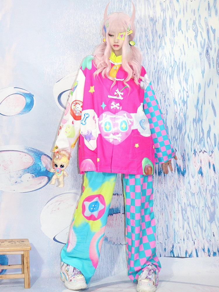 スタープリントハートパンツ カットカラフルパターン チェックとY2K ワイドレッグ