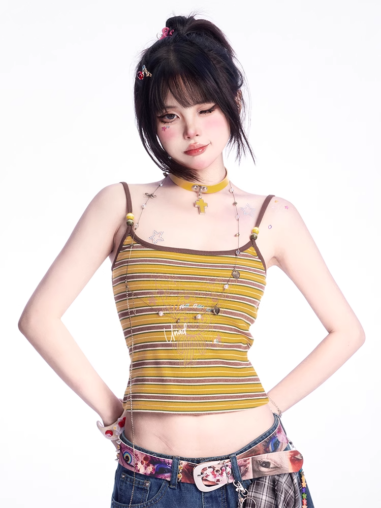 スクープトップネックライン ジンジャー/ピンクストライプ キャミソール スリムフィット