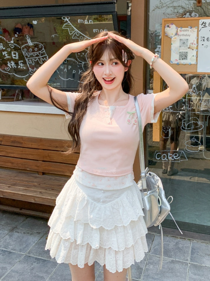 Faux Two-Pieces Pink Cherry Embroidery Sweet Floral T-Shirt