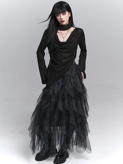 Skirt Asymmetrical Black  Tulle Cascading Gothic Ruffles with