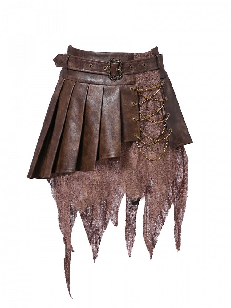 Skirt Punk Dark Pleated Wasteland Handkerchief Chains Brown Decorated