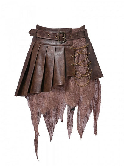 Skirt Punk Dark Pleated Wasteland Handkerchief Chains Brown Decorated