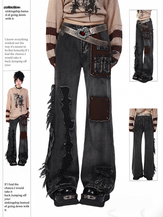 Gray Flared Wide-Leg Jeans with Distressed  Raw Hem Details