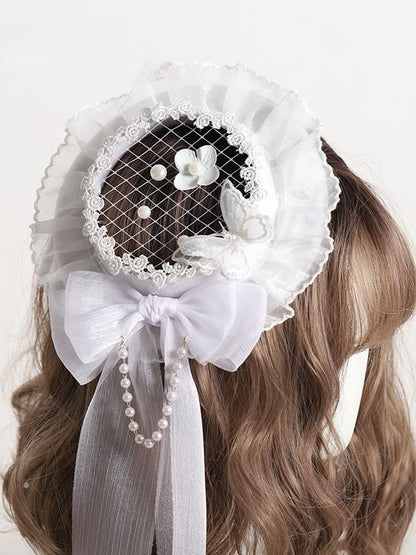 Lolita Bow Hat with Mesh Mini and Bead White/Yellow/Black Embellishments
