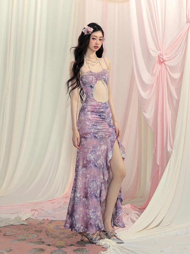 Side Slit Oil Painting Slip Dress Cascading Ruffle Accents Lavender Cutout Detail