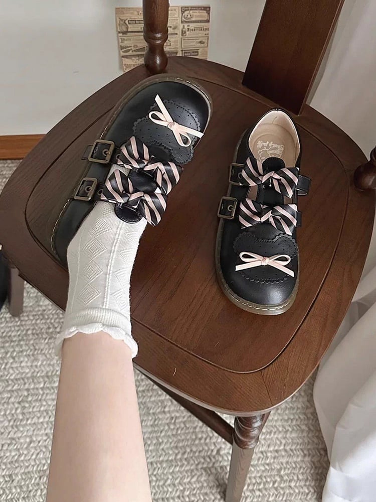 Bear Black Flats Bowknot Design Lolita Pattern Details Striped