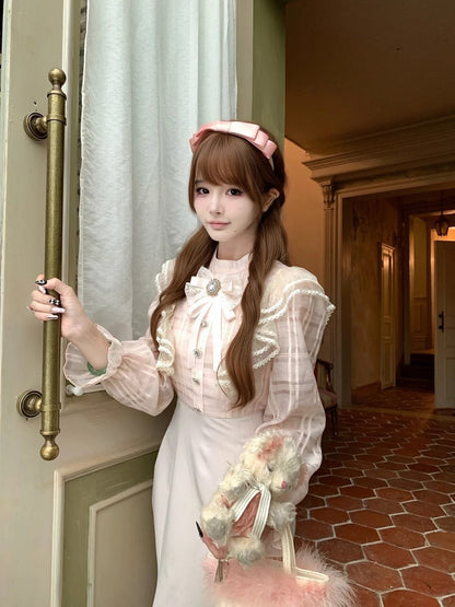 Rhinestones Style Square Kei Pink with High-Waist Dress and Plaid Seiso Jirai Bodice