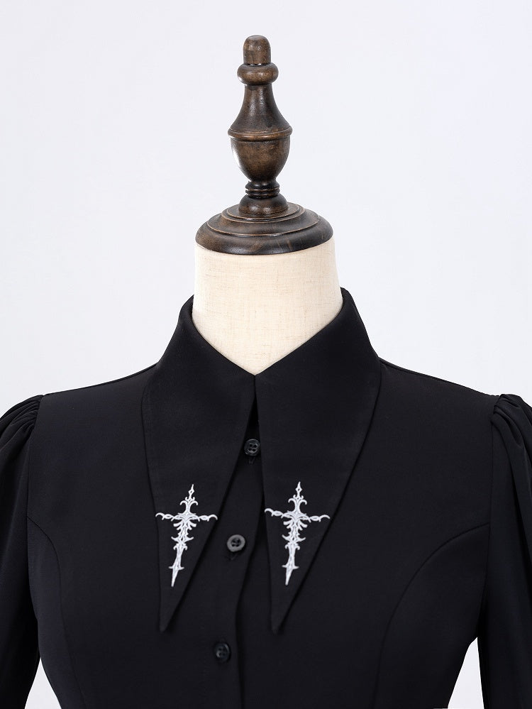 Foldover Pointed Collar Shirt with Embroidered Cross Motif - DevilInspired Exclusive Collection